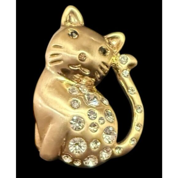 Cat Brooch With Crystal Stones 2” Gold Tone Kitty Cat - Picture 2 of 5